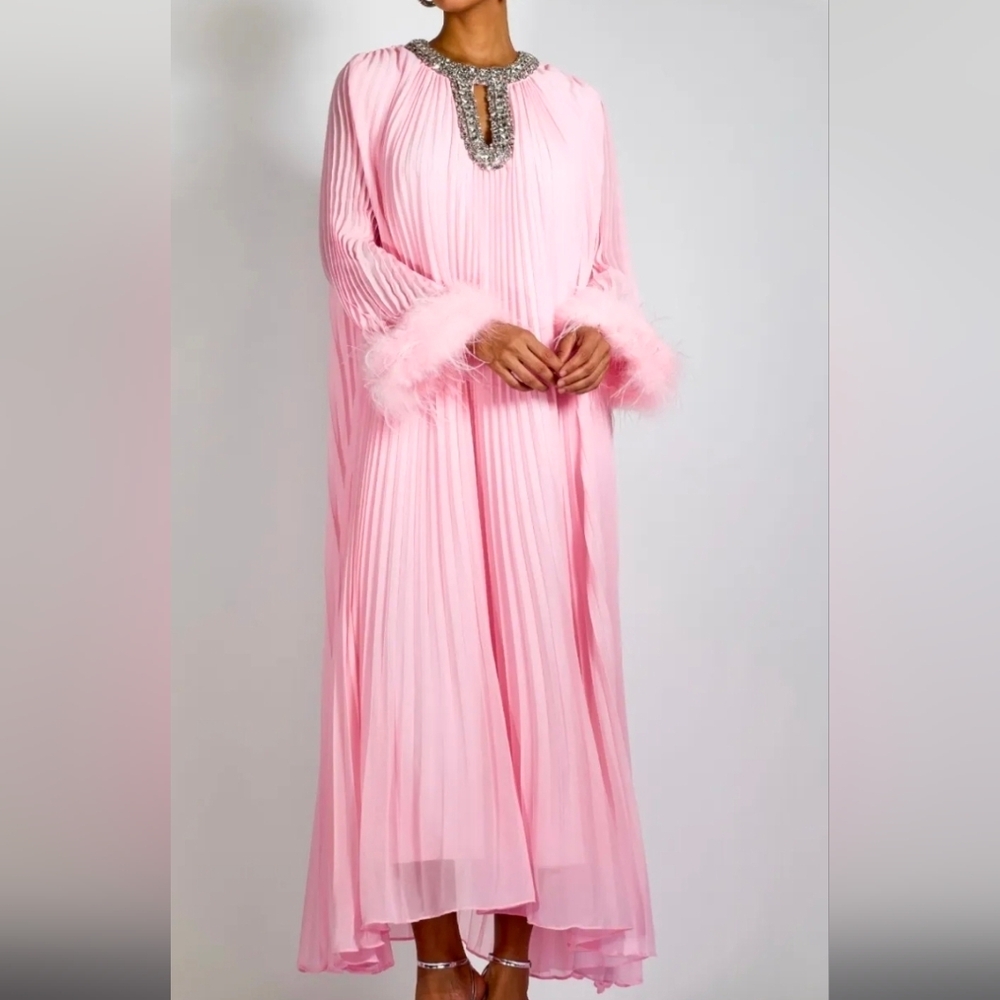 Embelished Pink Pleated Maxi Dress with Feather Cuffs